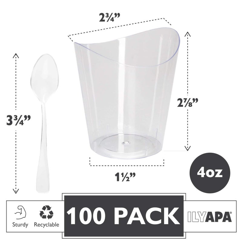 Ilyapa 4oz Plastic Dessert Cups - 100 Pack Mini Dessert Cups with Spoons - Clear Reusable Small Appetizer Cup for Cheesecake Shooters, Chocolate Mousse, Parfait - Party and Catering Supplies - Round - Image 2